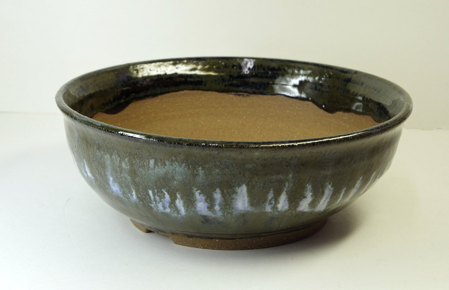 2170, Hand Thrown Stoneware Bonsai Pot, Blues, Dark Greens, Black 7 3/4 x 2 7/8