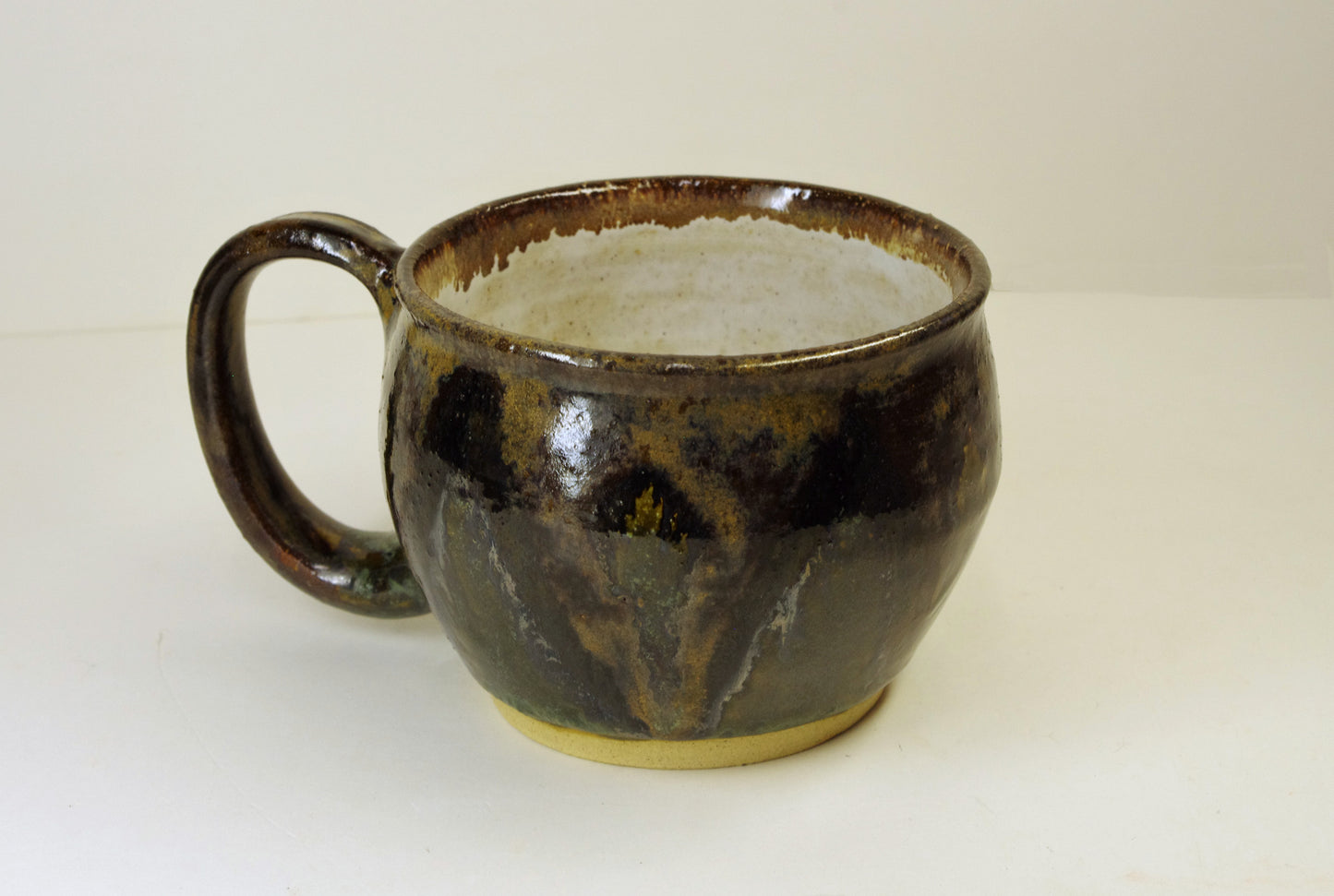 2171, Hand Thrown Stoneware Shaving Mug, Black, Browns, Greens