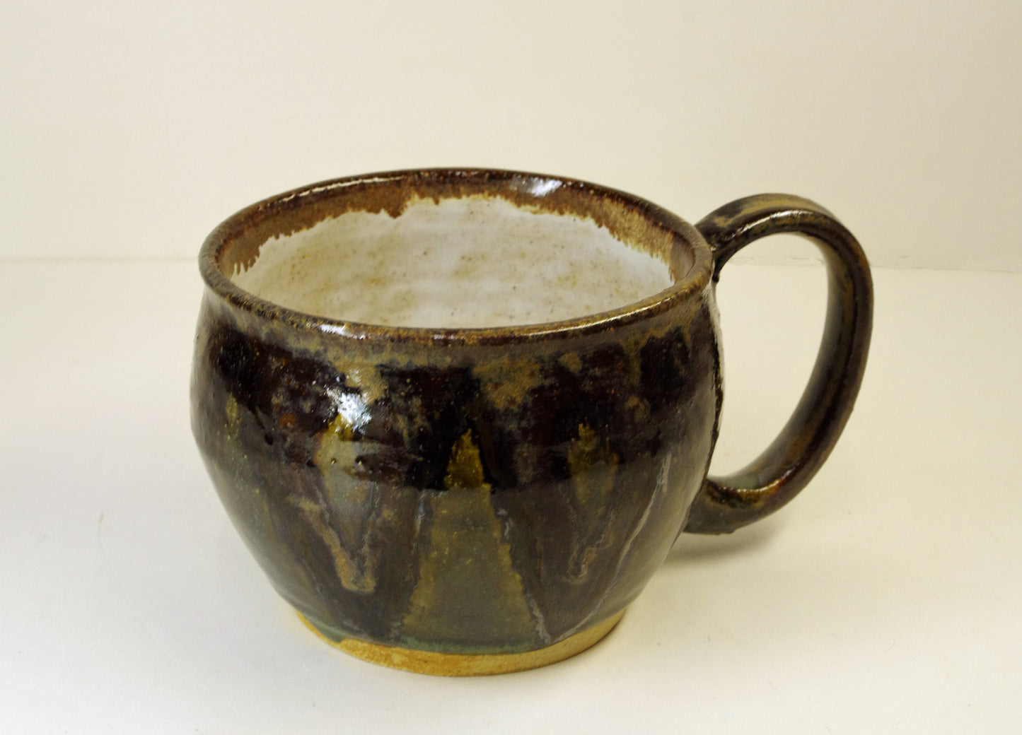 2171, Hand Thrown Stoneware Shaving Mug, Black, Browns, Greens