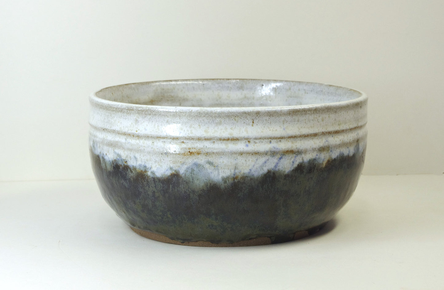 2173, Hand Thrown Stoneware Dog Bowl, Black, White, Blues, Greens, 6x3