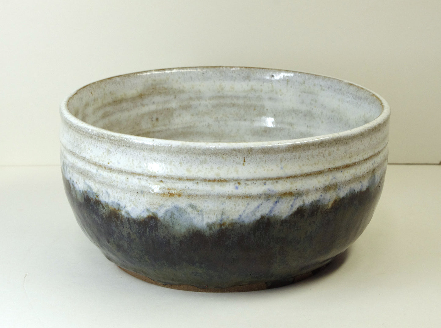 2173, Hand Thrown Stoneware Dog Bowl, Black, White, Blues, Greens, 6x3