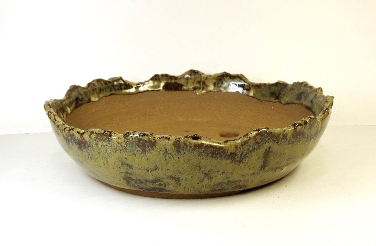 2174, Hand Thrown and Altered Stoneware Bonsai Pot, Bowns and Tanish-Greens, 9 3/4 x 2 - 2 1/2