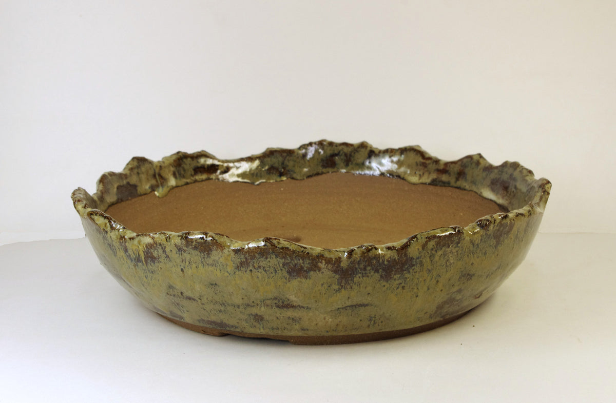 2174, Hand Thrown and Altered Stoneware Bonsai Pot, Bowns and Tanish-Greens, 9 3/4 x 2 - 2 1/2