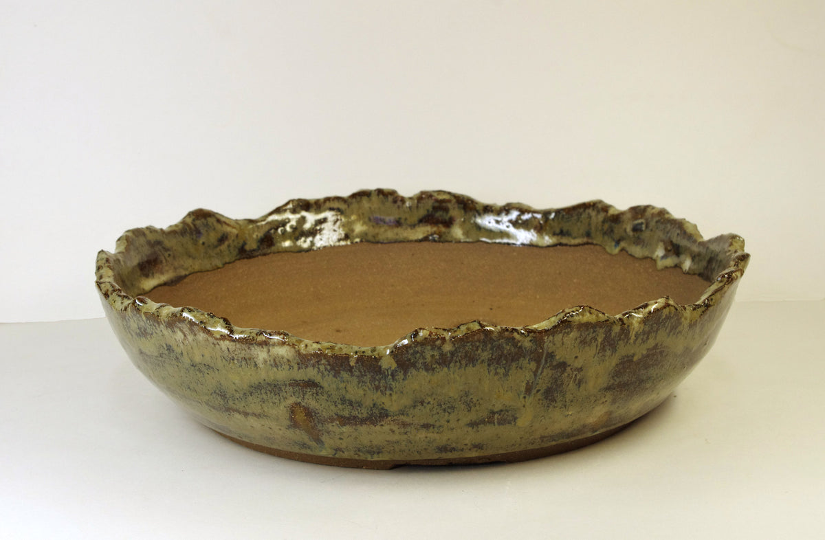 2174, Hand Thrown and Altered Stoneware Bonsai Pot, Bowns and Tanish-Greens, 9 3/4 x 2 - 2 1/2