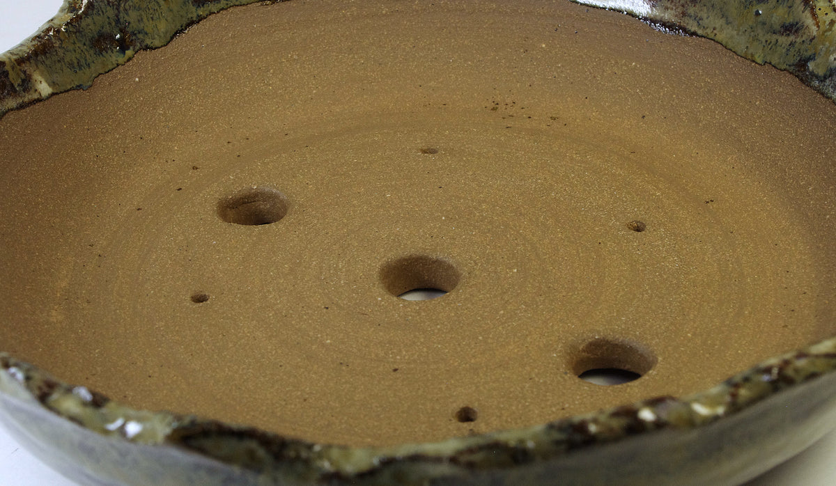 2174, Hand Thrown and Altered Stoneware Bonsai Pot, Bowns and Tanish-Greens, 9 3/4 x 2 - 2 1/2