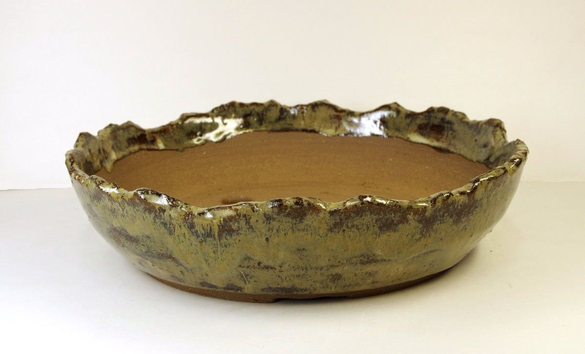 2174, Hand Thrown and Altered Stoneware Bonsai Pot, Bowns and Tanish-Greens, 9 3/4 x 2 - 2 1/2