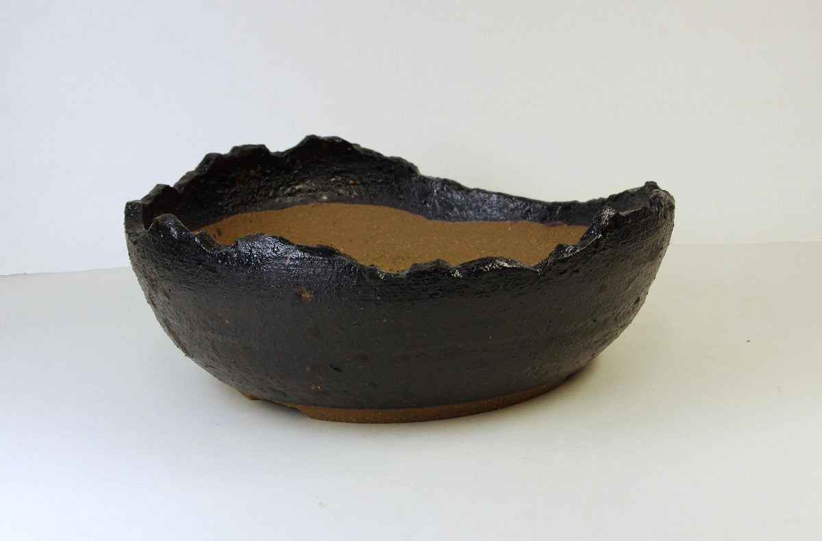 2175 Hand Thrown Altered Stoneware Bonsai Pot, Bowns and Black, 7 1/2 x 2 3/4 - 1 5/8