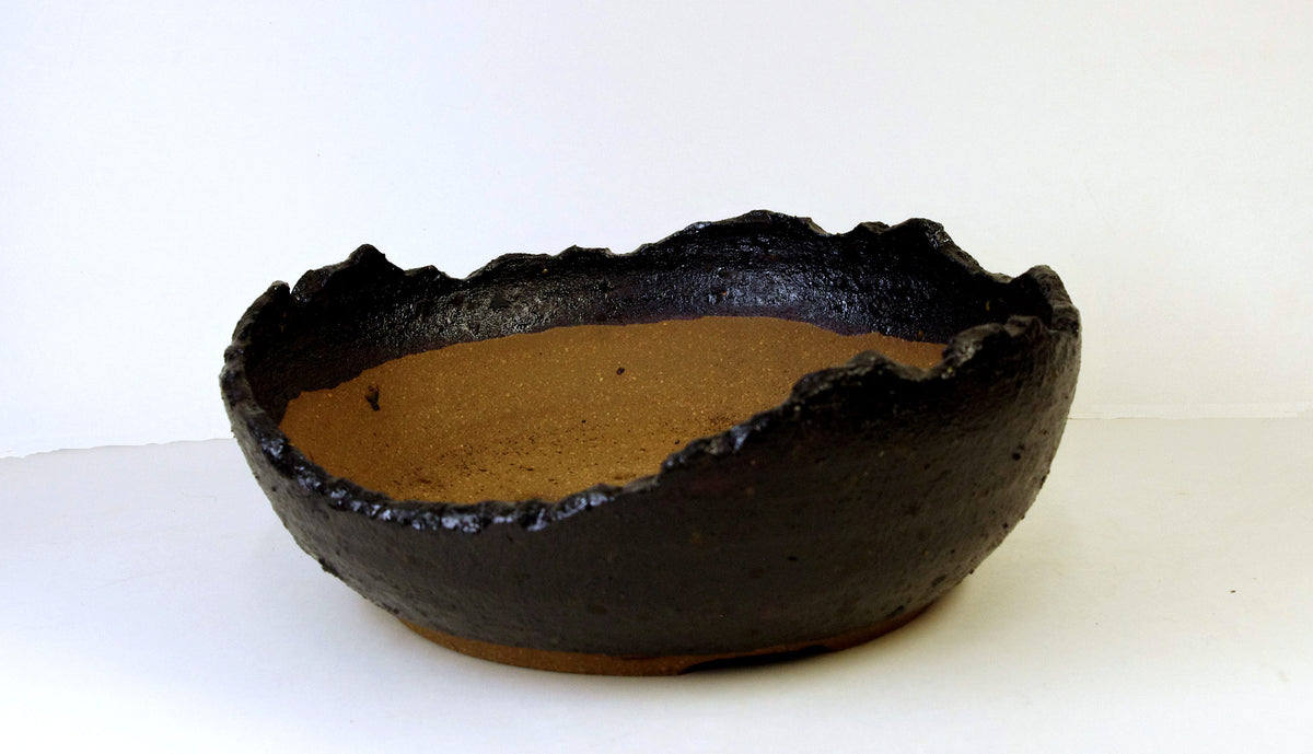 2175 Hand Thrown Altered Stoneware Bonsai Pot, Bowns and Black, 7 1/2 x 2 3/4 - 1 5/8