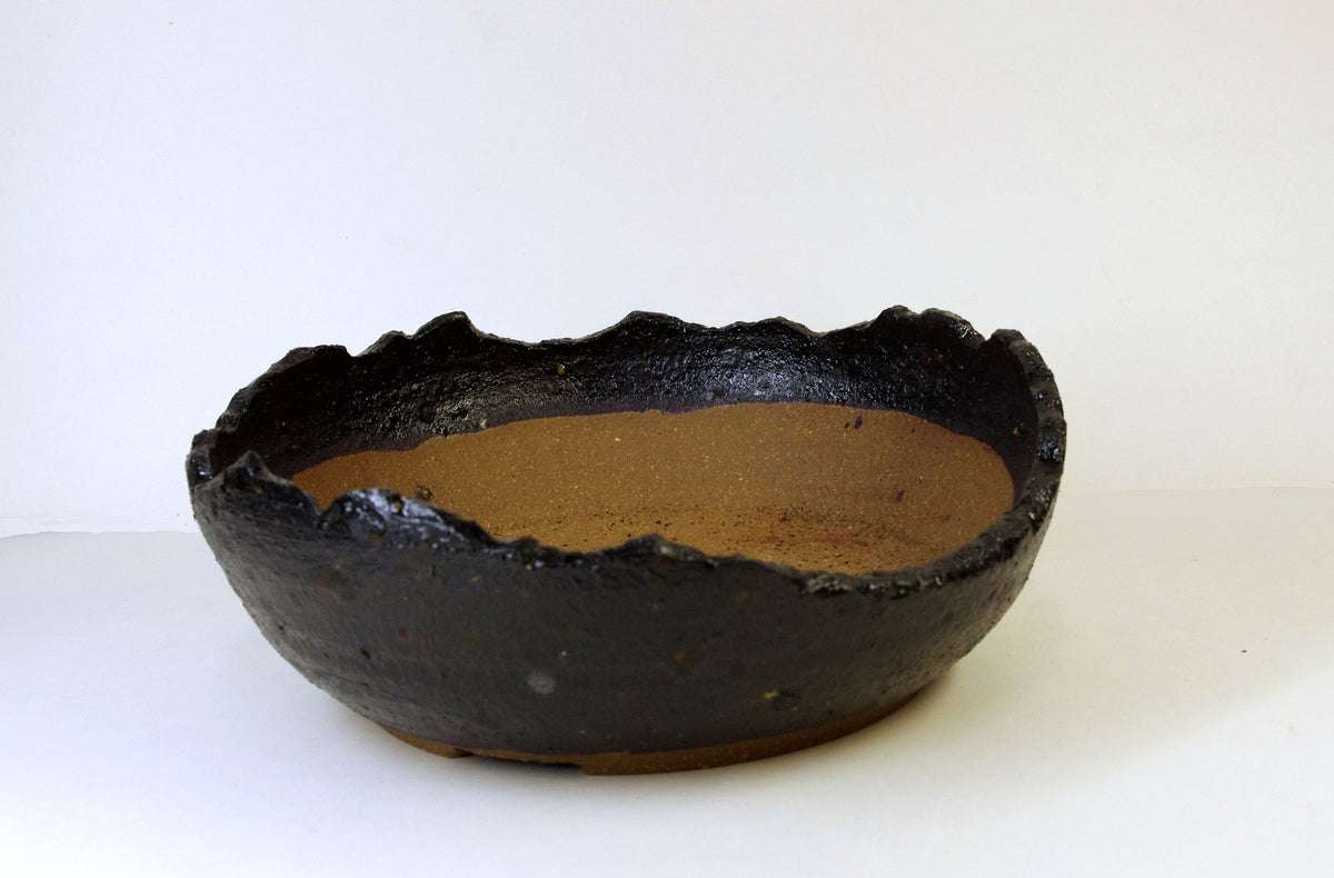 2175 Hand Thrown Altered Stoneware Bonsai Pot, Bowns and Black, 7 1/2 x 2 3/4 - 1 5/8