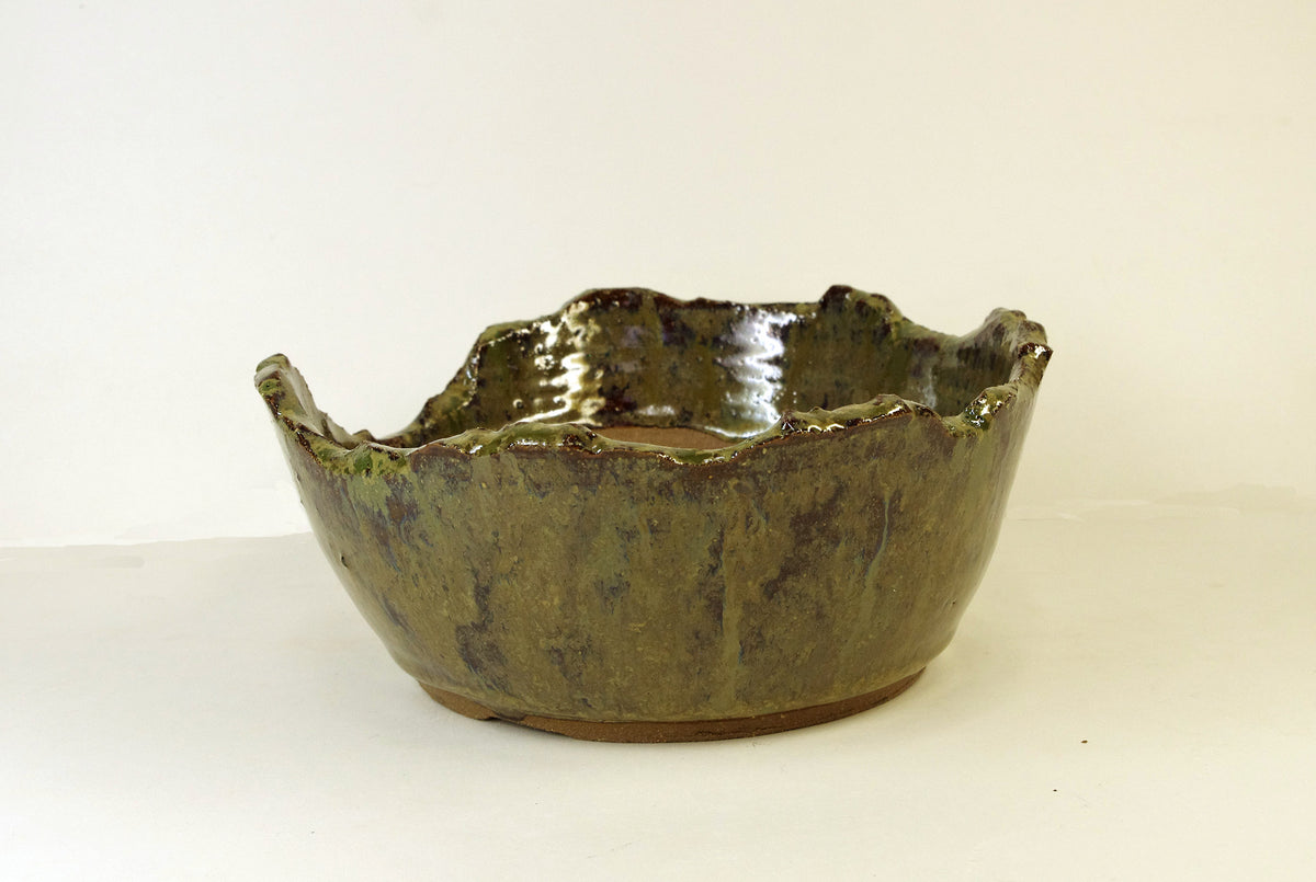 2176 Hand Thrown Altered Stoneware Bonsai Pot, Olive Greens, Tans, and Browns, 6 3/8 x 2 1/2 to 1 5/8