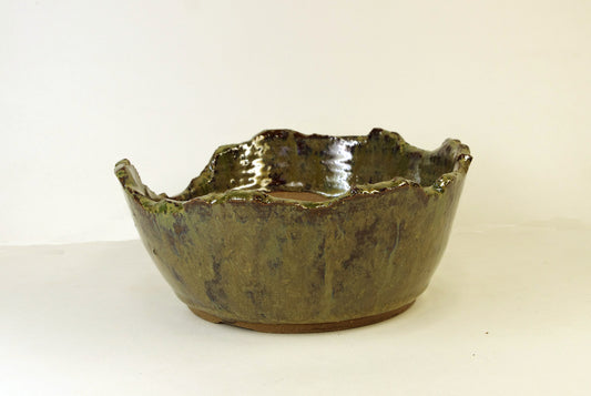 2176 Hand Thrown Altered Stoneware Bonsai Pot, Olive Greens, Tans, and Browns, 6 3/8 x 2 1/2 to 1 5/8