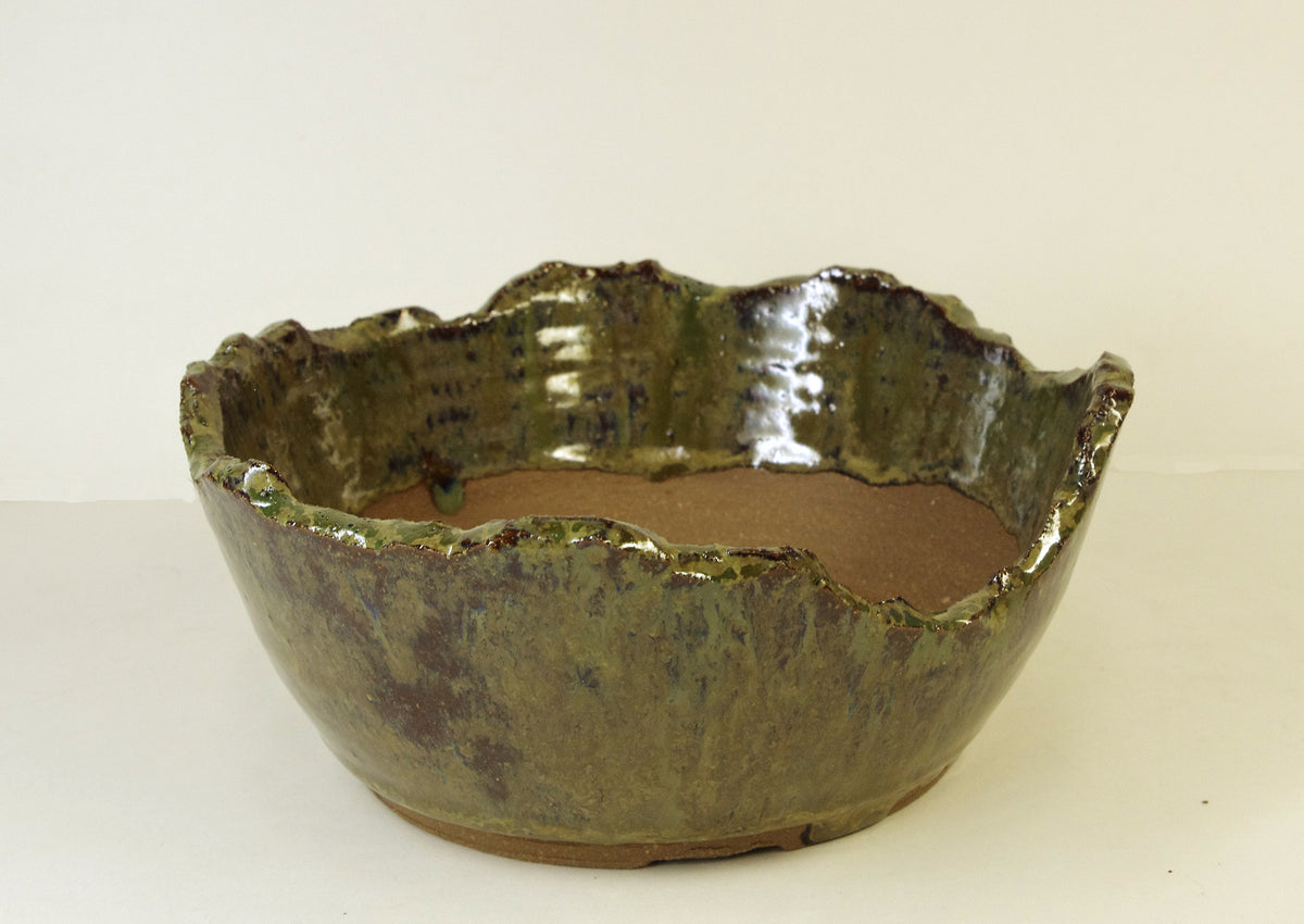 2176 Hand Thrown Altered Stoneware Bonsai Pot, Olive Greens, Tans, and Browns, 6 3/8 x 2 1/2 to 1 5/8