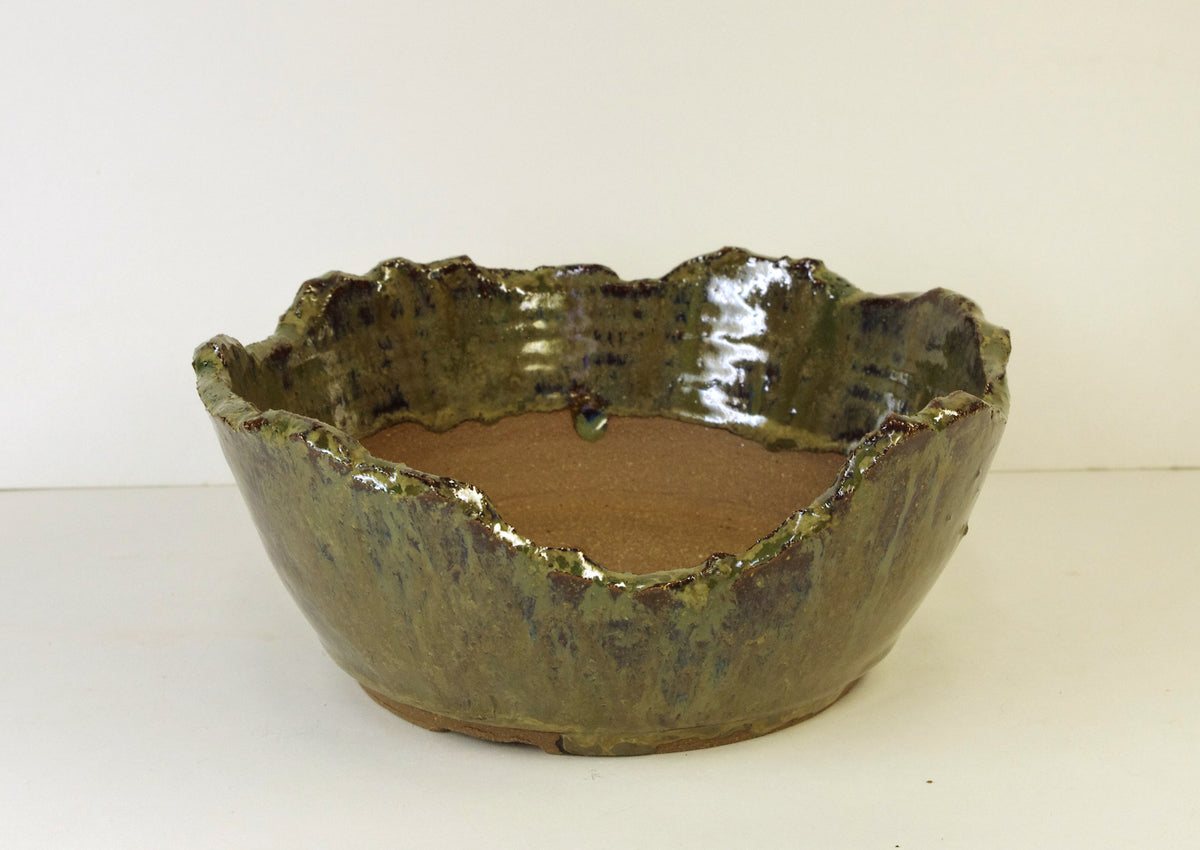 2176 Hand Thrown Altered Stoneware Bonsai Pot, Olive Greens, Tans, and Browns, 6 3/8 x 2 1/2 to 1 5/8