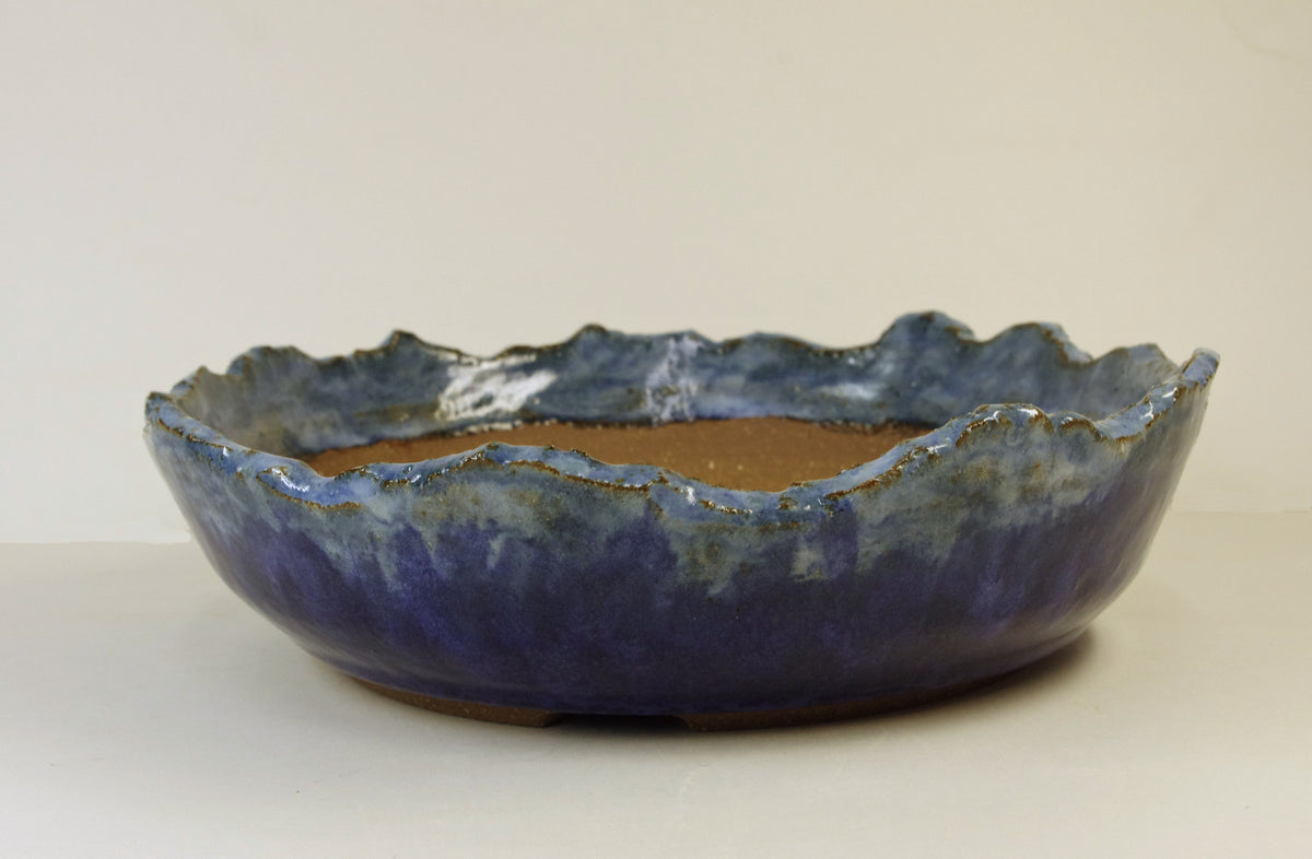 2177 Hand Thrown Altered Stoneware Bonsai Pot, light, medium, and dark blues, 8 3/8 x 2 1/2 to 2.