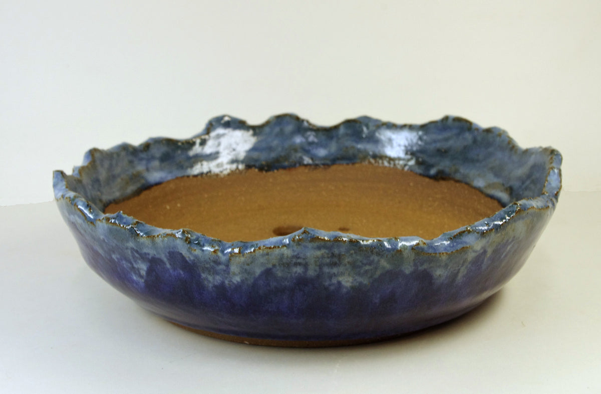 2177 Hand Thrown Altered Stoneware Bonsai Pot, light, medium, and dark blues, 8 3/8 x 2 1/2 to 2.