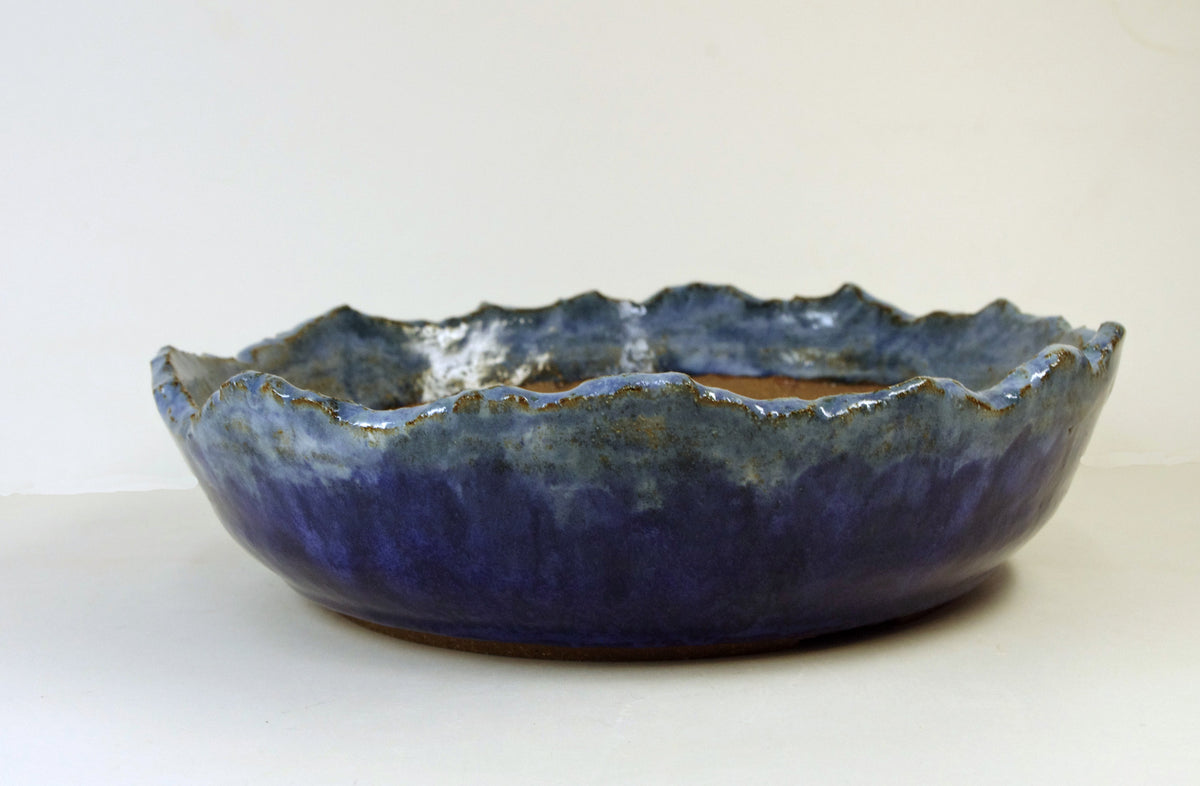 2177 Hand Thrown Altered Stoneware Bonsai Pot, light, medium, and dark blues, 8 3/8 x 2 1/2 to 2.