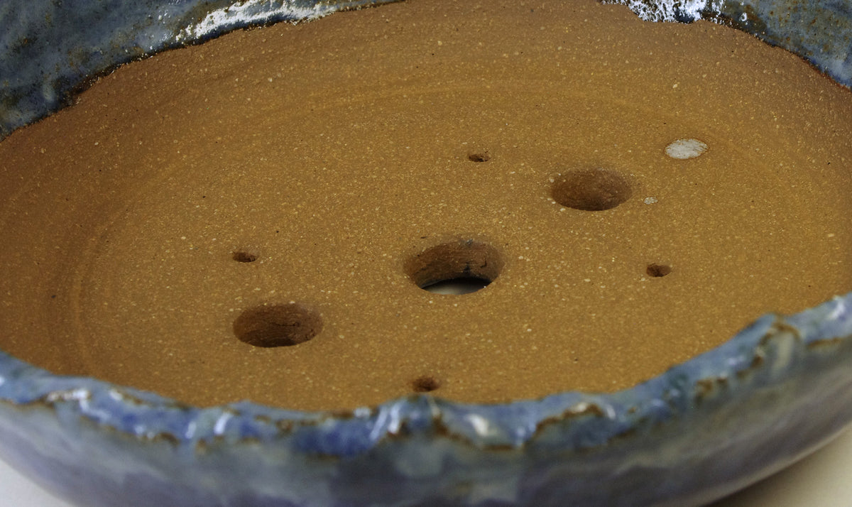 2177 Hand Thrown Altered Stoneware Bonsai Pot, light, medium, and dark blues, 8 3/8 x 2 1/2 to 2.