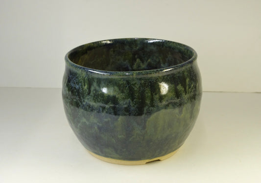 2145, Hand Thrown Stoneware Bonsai Pot, Extra Wire Holes, Greens, Blues, 5 3/4 x 4 3/8