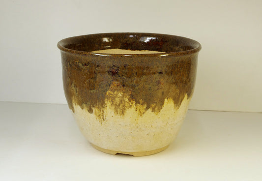 2149, Hand Thrown Stoneware Bonsai Pot, Extra Wire Holes, Browns, Tans, 6 1/8 x 4 1/2