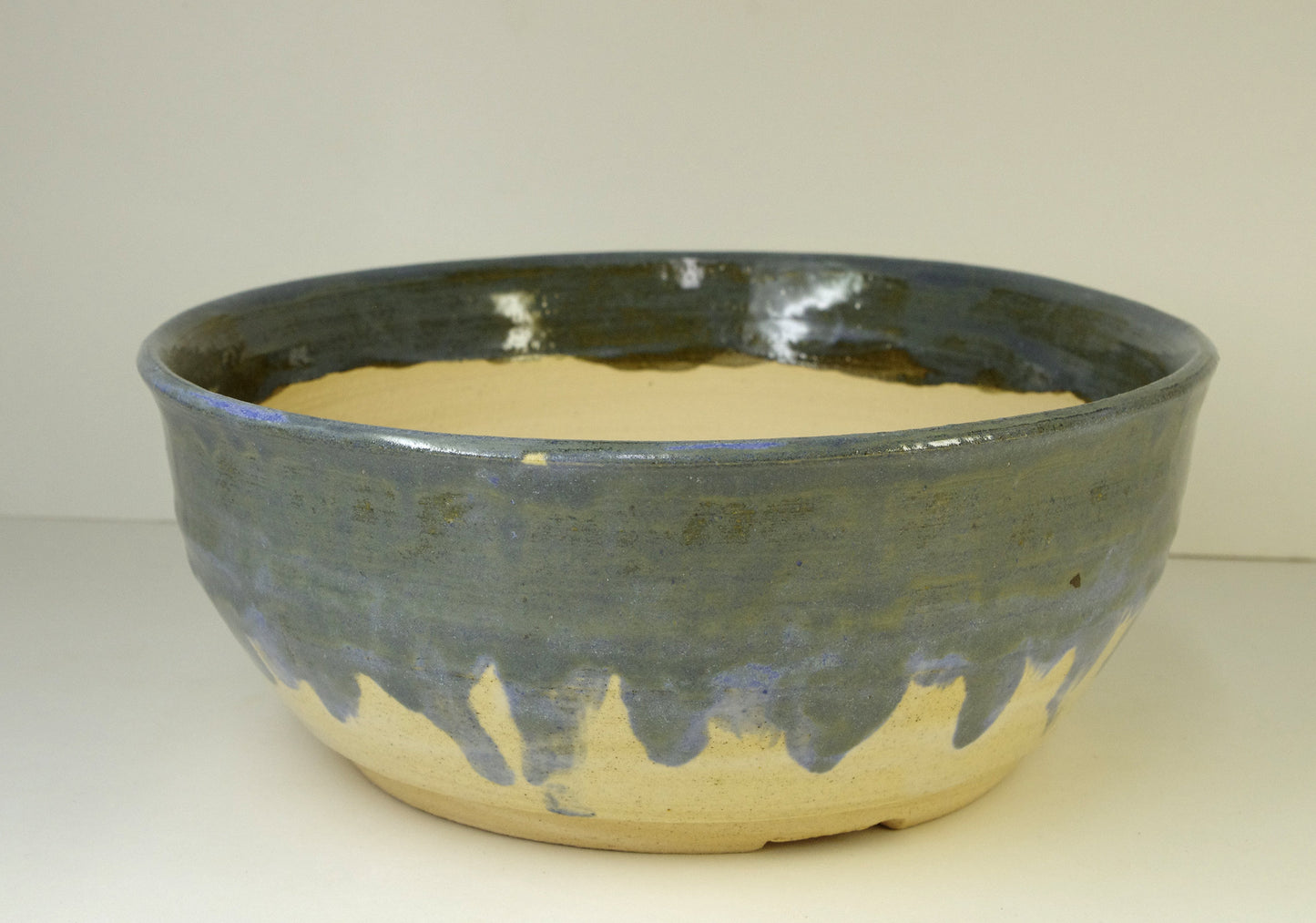 2148, Hand Thrown Stoneware Bonsai Pot, Extra Wire Holes, Blues, Beige, 8 1/2 x 3 1/2 inches