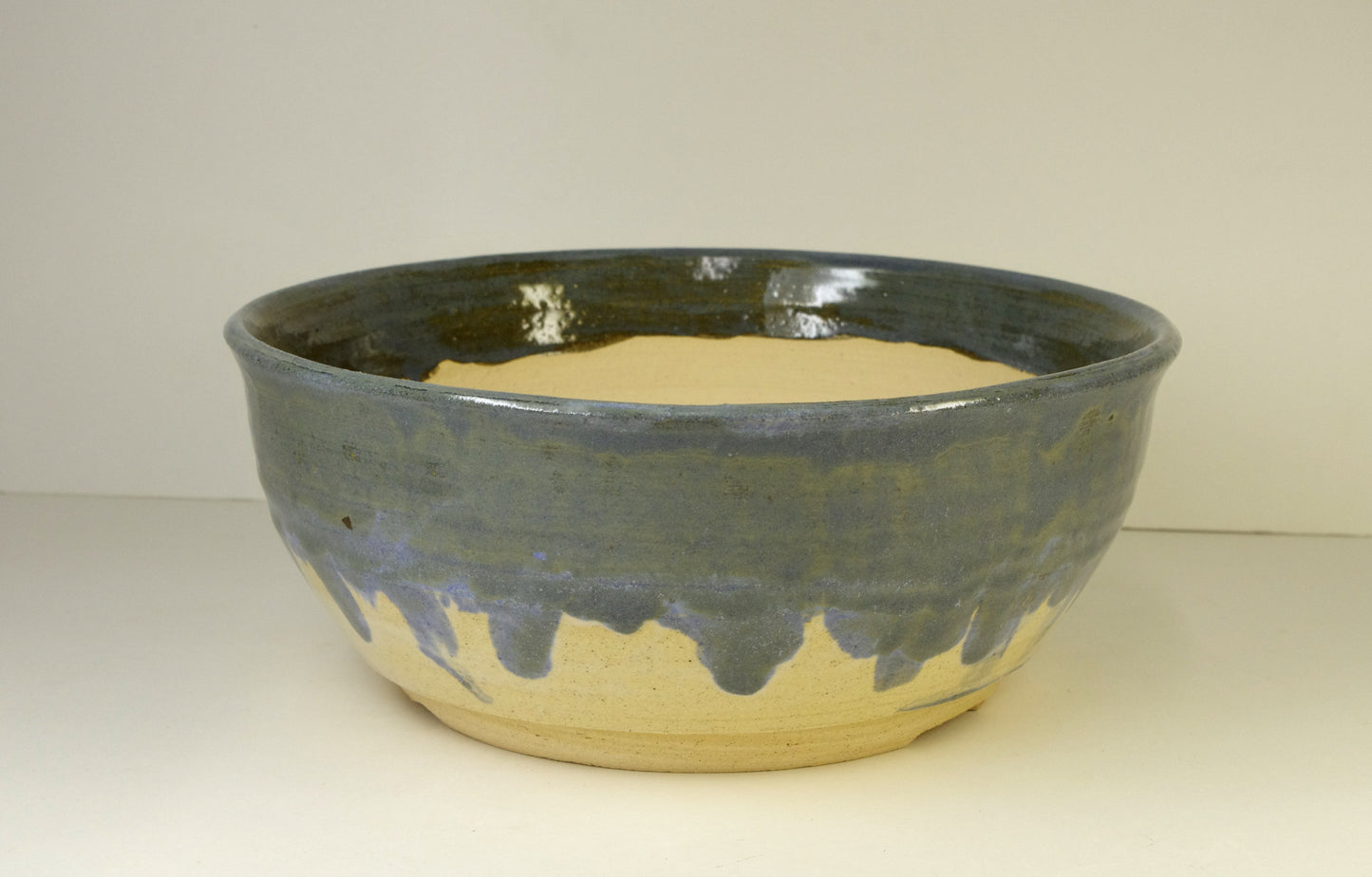 2148, Hand Thrown Stoneware Bonsai Pot, Extra Wire Holes, Blues, Beige, 8 1/2 x 3 1/2 inches