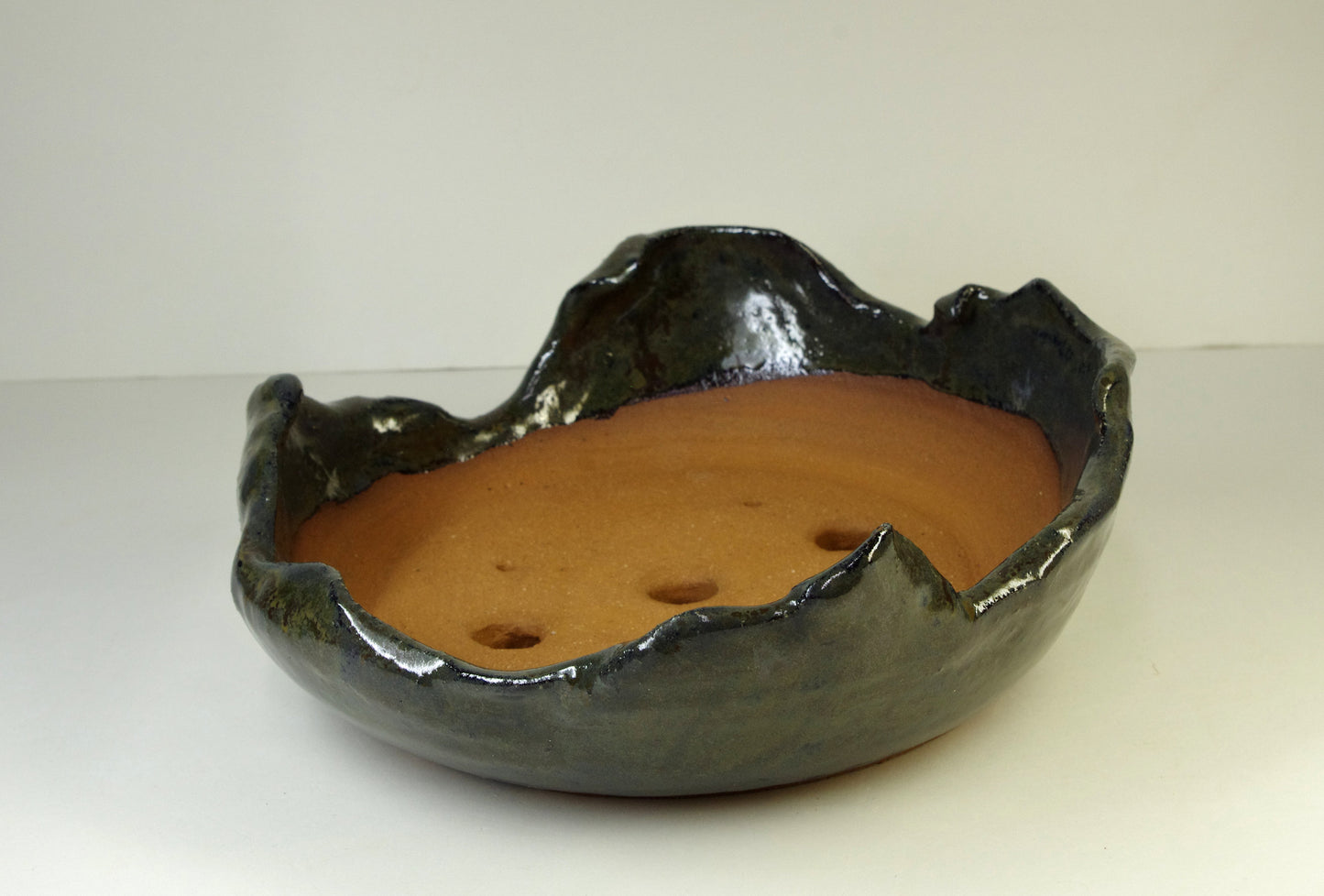 2150, Hand Thrown and Altered Stoneware Bonsai Pot, Dark Grayed Blue, Dark Olive Browns