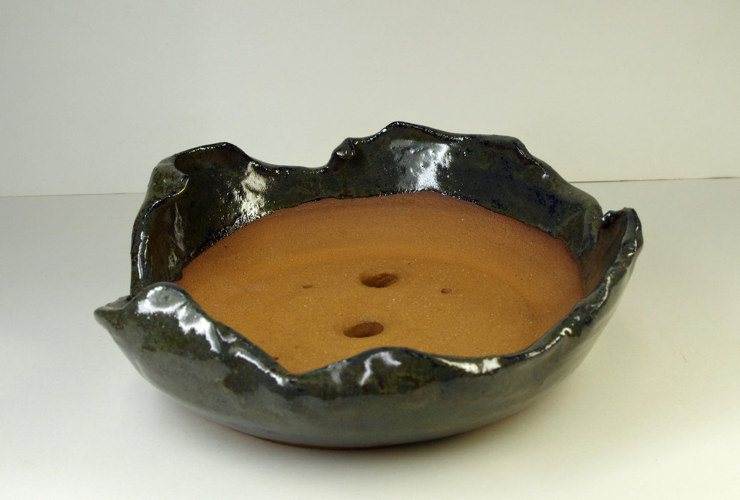 2150, Hand Thrown and Altered Stoneware Bonsai Pot, Dark Grayed Blue, Dark Olive Browns