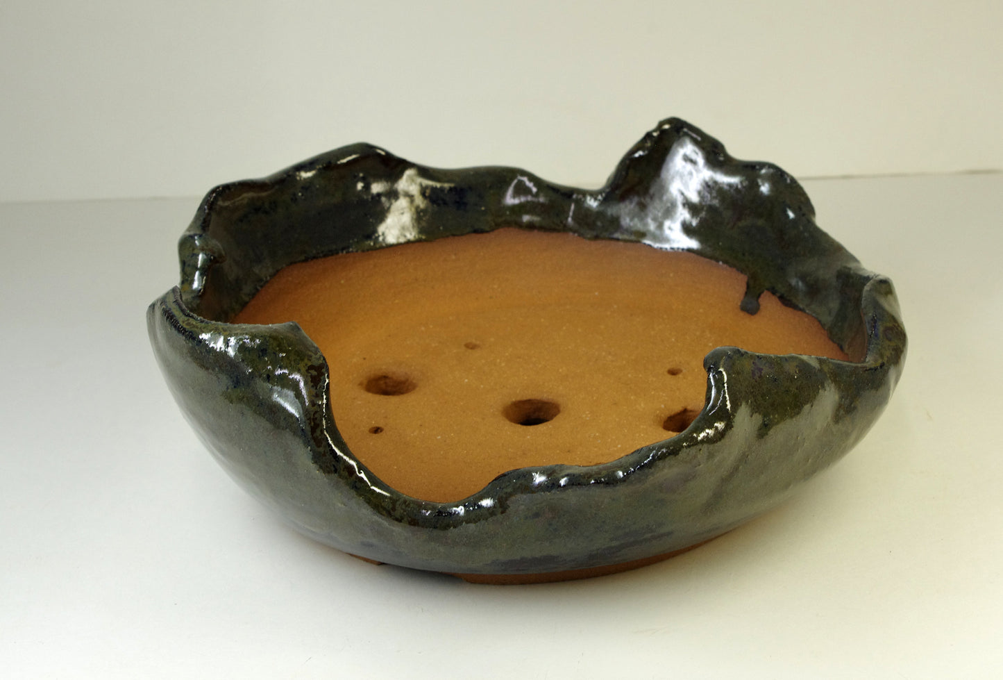 2150, Hand Thrown and Altered Stoneware Bonsai Pot, Dark Grayed Blue, Dark Olive Browns