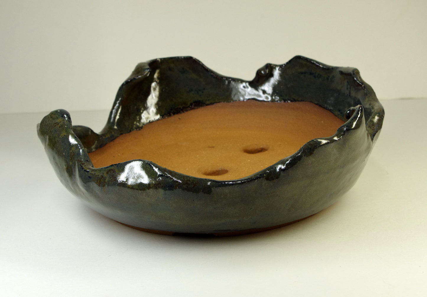 2150, Hand Thrown and Altered Stoneware Bonsai Pot, Dark Grayed Blue, Dark Olive Browns