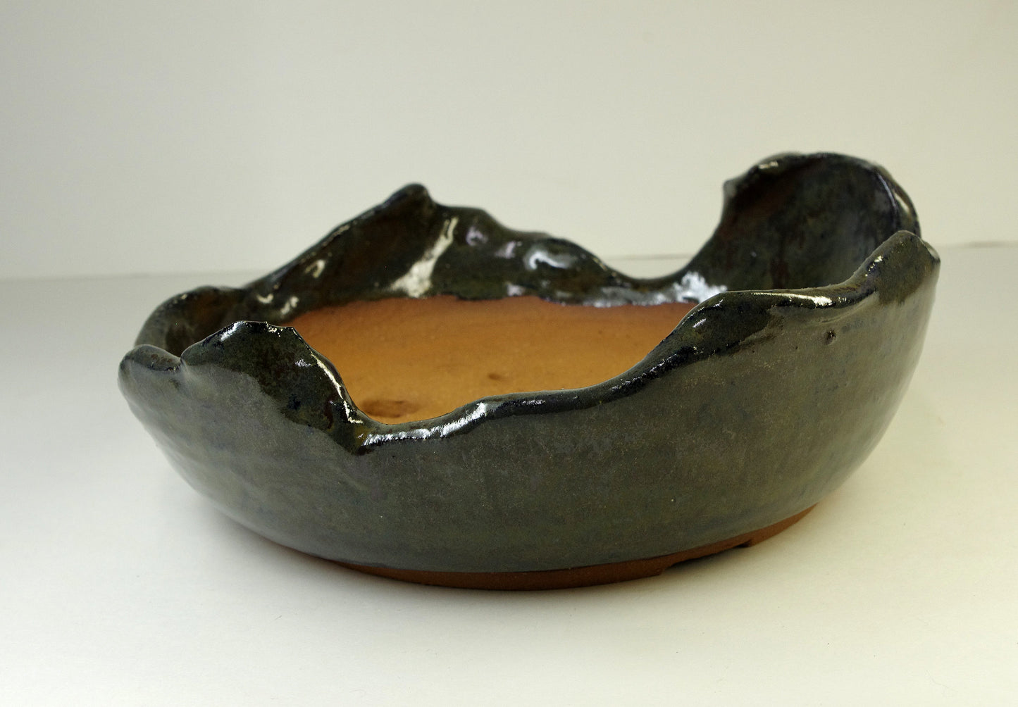 2150, Hand Thrown and Altered Stoneware Bonsai Pot, Dark Grayed Blue, Dark Olive Browns