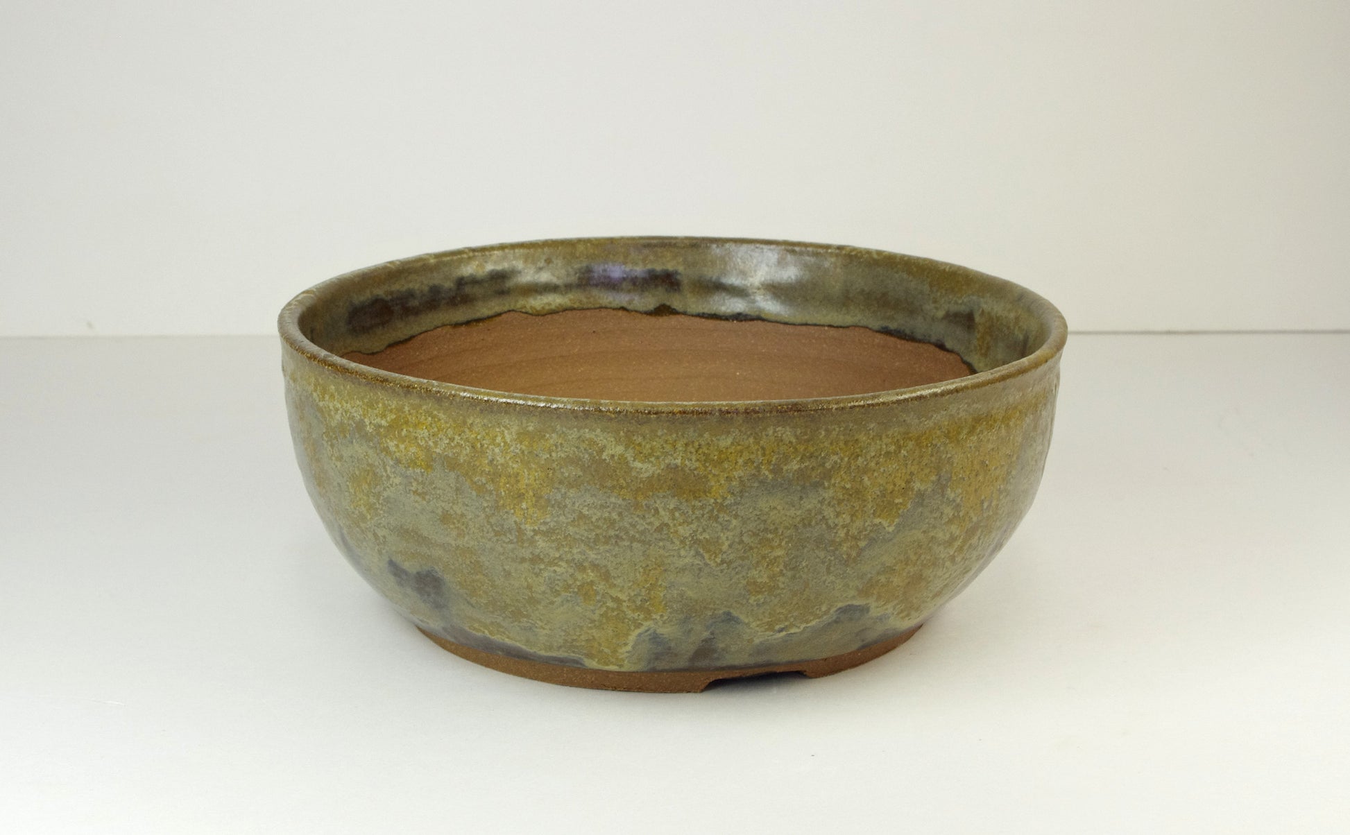 Brown and Gold Bonsai Pot, Extra Holes, Hand Thrown Stoneware by White Horse Pottery