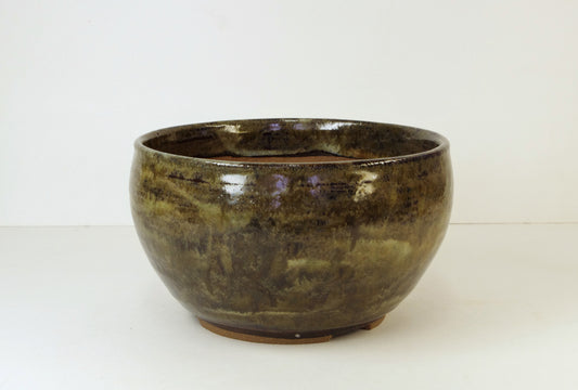 Item 2001, Hand Thrown Stoneware Bonsai Pot, Olive Greens, Browns, 6 1/8 x 3 1/2, With Extra Wire Holes