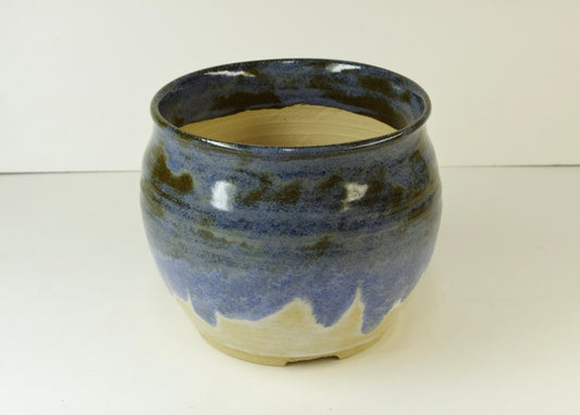 2005, Hand Thrown Stoneware Bonsai Pot, Extra Wire Holes, Blues, Natural Beige, 5 1/2 x 4 3/8