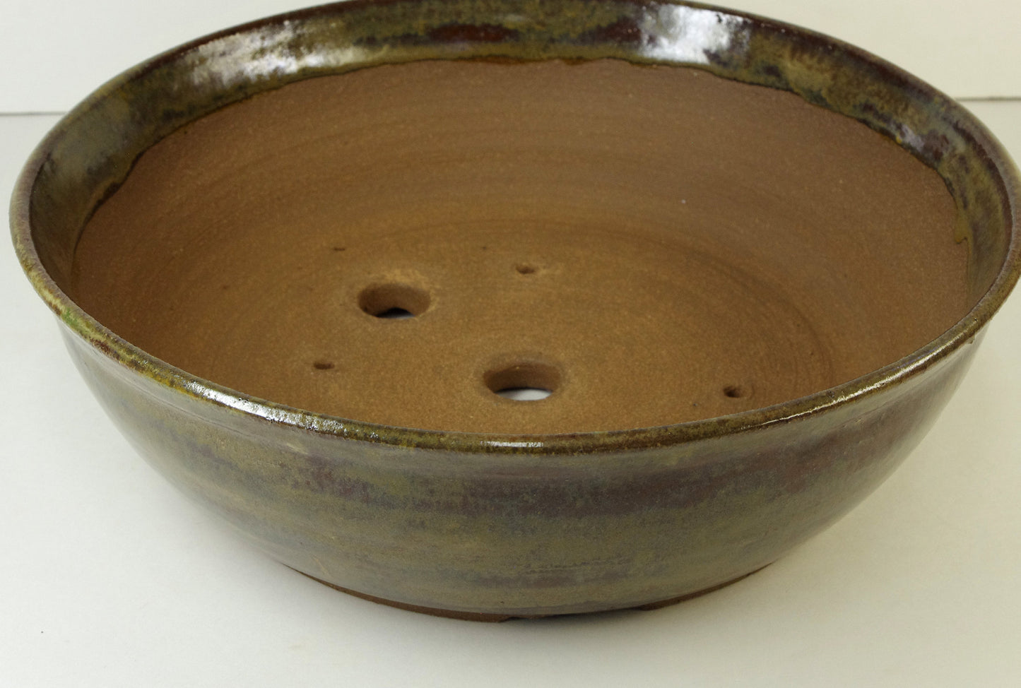 2010, Hand Thrown Stoneware Bonsai Pot, Extra Wire Holes, Browns, 9 x 2 5/8