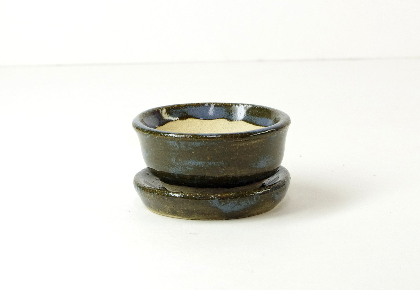 2034, Hand Thrown Miniature Flower Pot and Saucer, Blues Browns