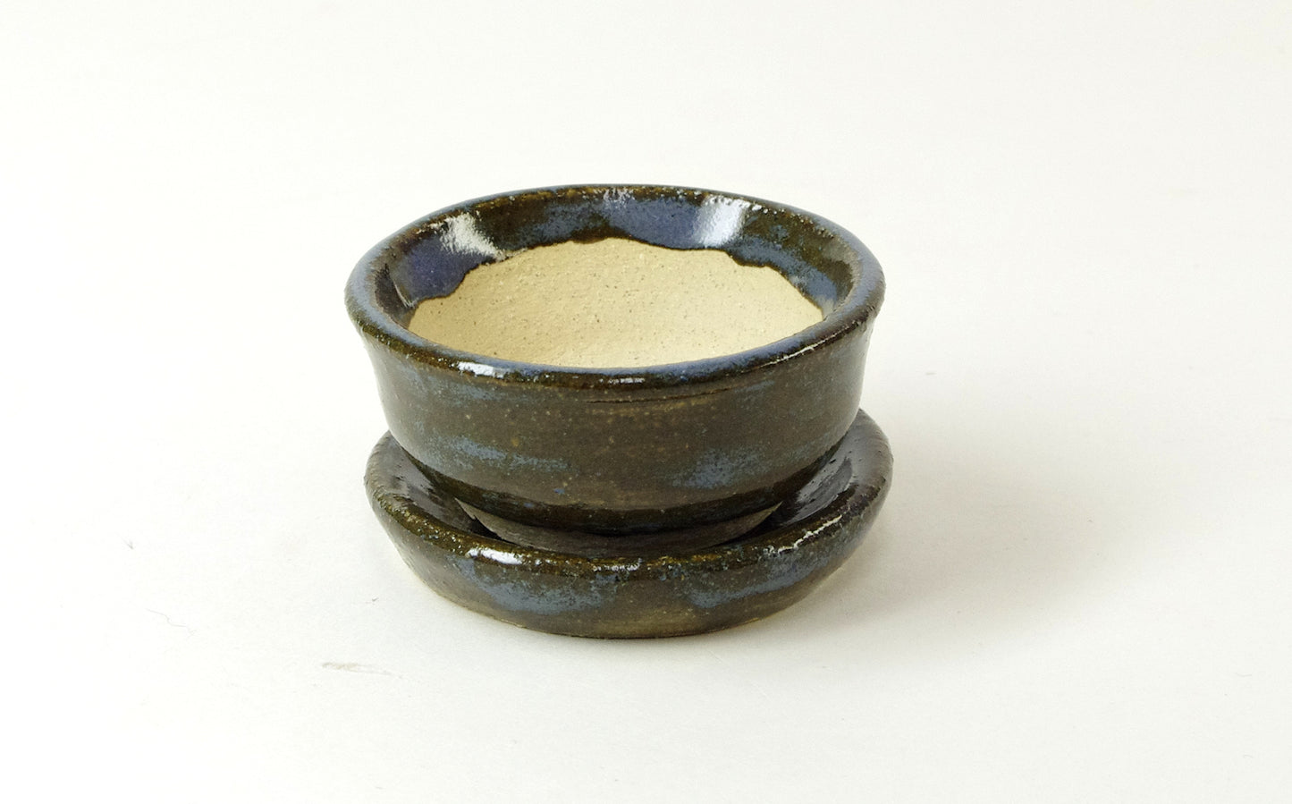 2034, Hand Thrown Miniature Flower Pot and Saucer, Blues Browns