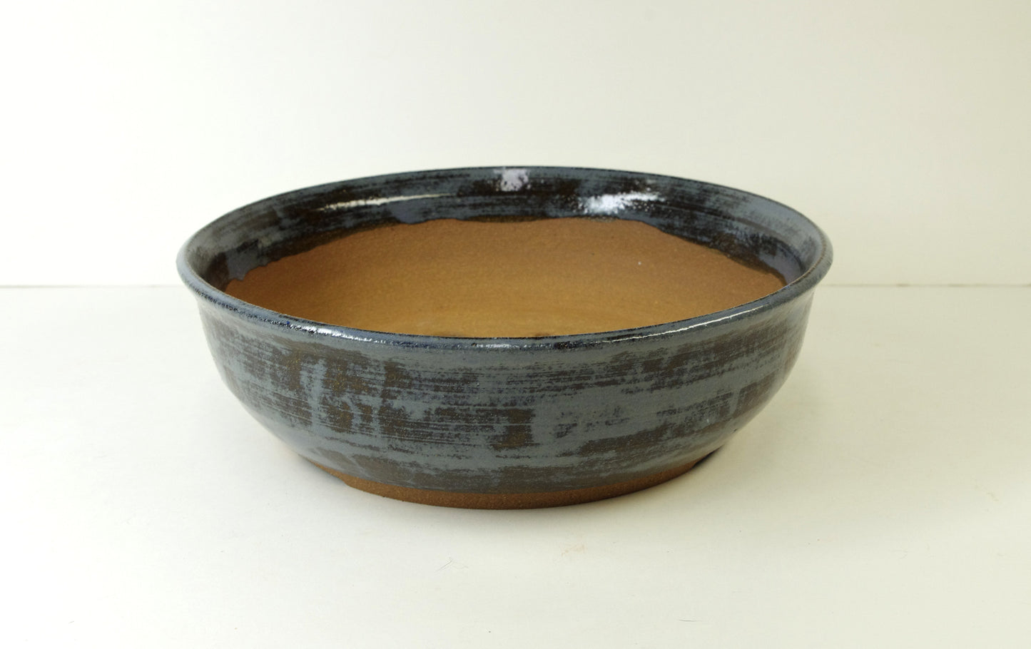 2041, Hand Thrown Stoneware Bonsai Pot, Blues, Browns 7 7/8 x 2 1/2 with extra wire holes