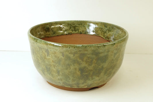 2042, Hand Thrown Stoneware Bonsai Pot, Greens, Tans,  6 7/8 x 3 1/2 extra wire holes