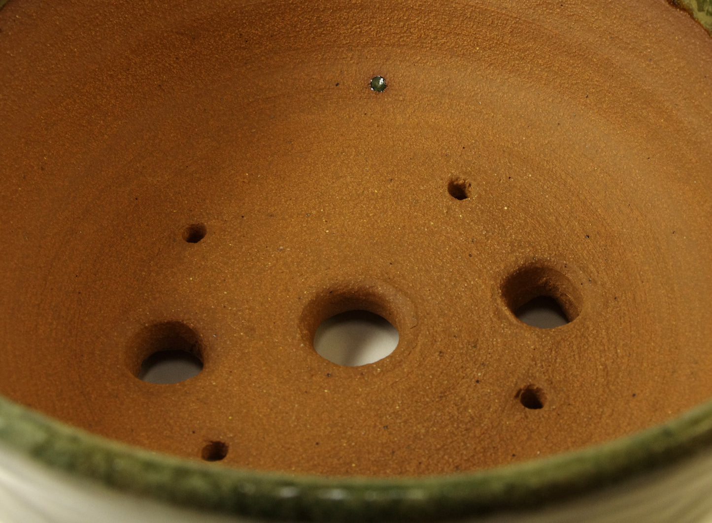 2042, Hand Thrown Stoneware Bonsai Pot, Greens, Tans,  6 7/8 x 3 1/2 extra wire holes