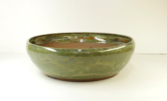 2048, Hand Thrown Stoneware Bonsai Pot, Extra Wire Holes, Greens, Tans, Browns, 9 1/8 x 2 3/4