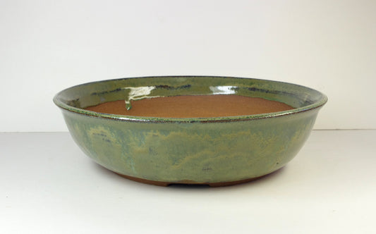 2056, Hand Thrown Stoneware Bonsai Pot, Extra Wire Holes, Greens, Tans, Browns, 9 3/4 x 2 3/4