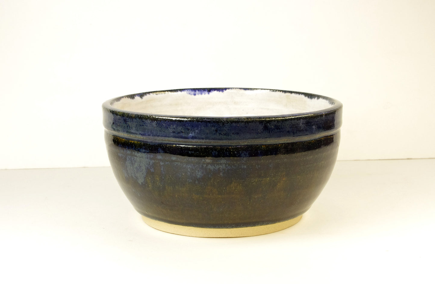 2059, Hand Thrown Stoneware Dog Bowl, Blues, Browns, Medium