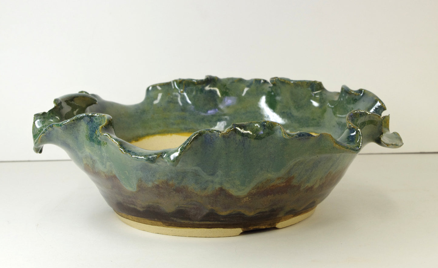 Hand Thrown And Altered Stoneware Bonsai Pot, Blues, Greens, Browns, 9 7/8 to 8 1/4  by  2 1/2 to 3 1/2 tall, With Extra Wire Holes