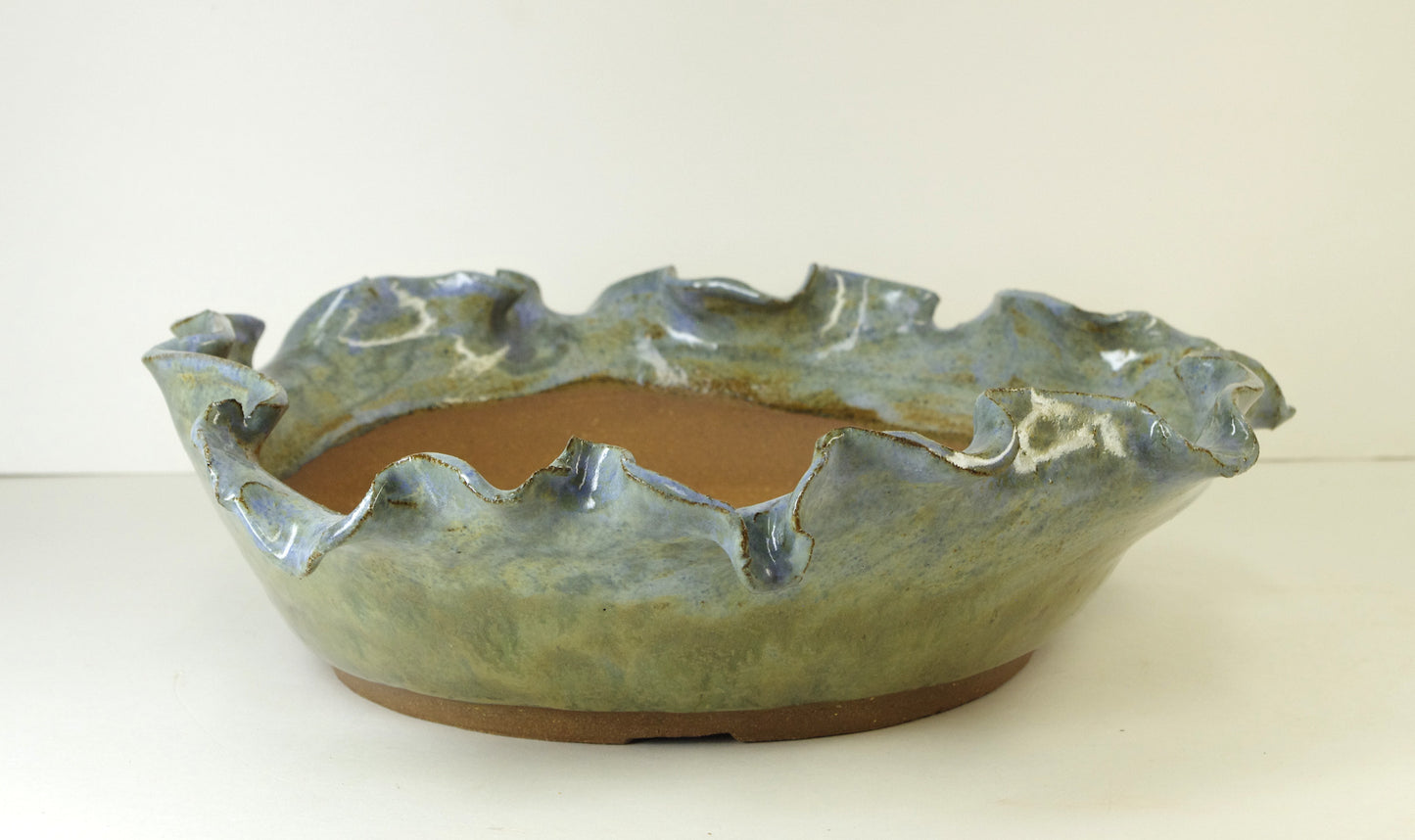 2068, Hand Thrown and Altered Stonware Bonsai Pot, Blues Greens Browns, 11 x 2.5