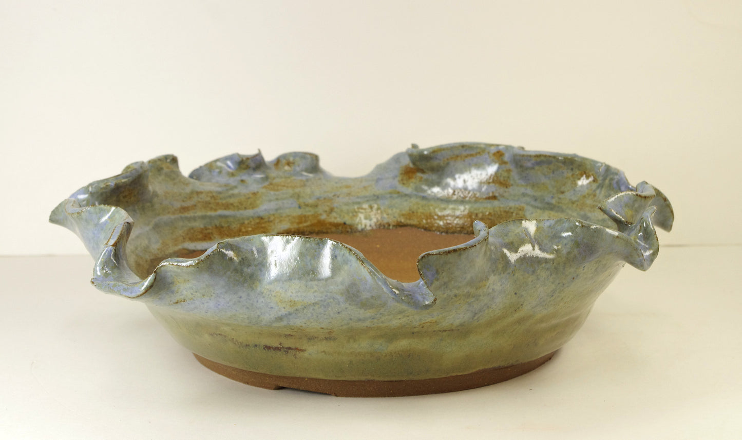 2068, Hand Thrown and Altered Stonware Bonsai Pot, Blues Greens Browns, 11 x 2.5