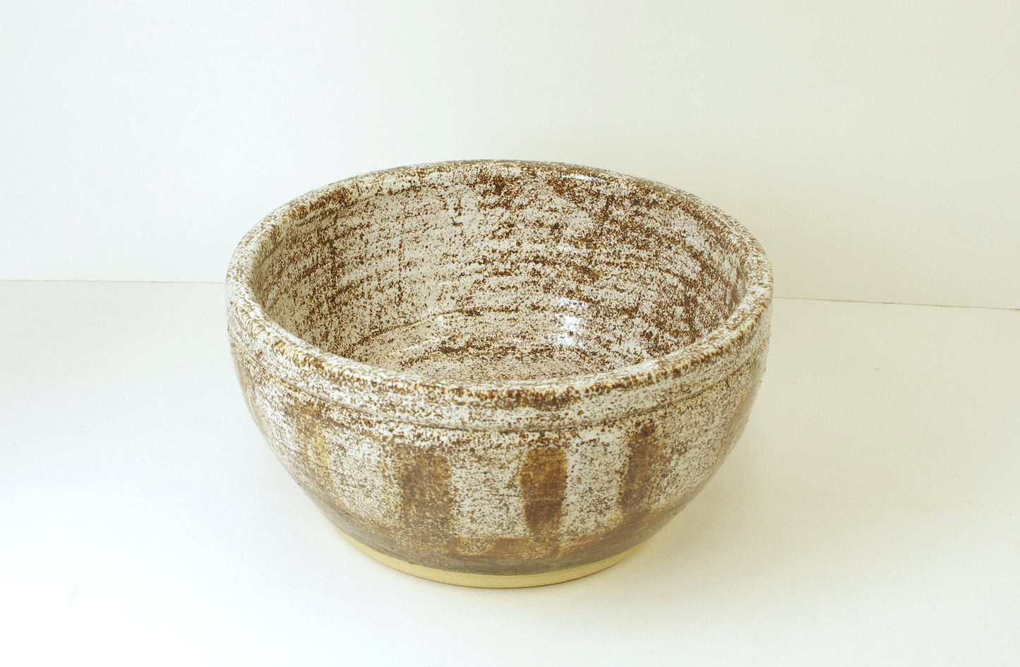 2080, Hand Thrown Stoneware Dog Bowl, Heavy, Brown and White with Speckled Browns, 6 1/2 x 3 1/4