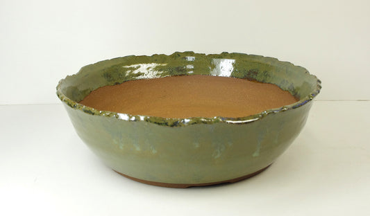 2081, Hand Thrown Stoneware Bonsai Pot with Altered Edge, Extra Wire Holes, Greens, Tans, Browns, 9 1/4 x 2 7/8
