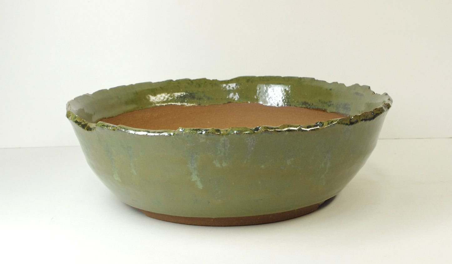 2081, Hand Thrown Stoneware Bonsai Pot with Altered Edge, Extra Wire Holes, Greens, Tans, Browns, 9 1/4 x 2 7/8