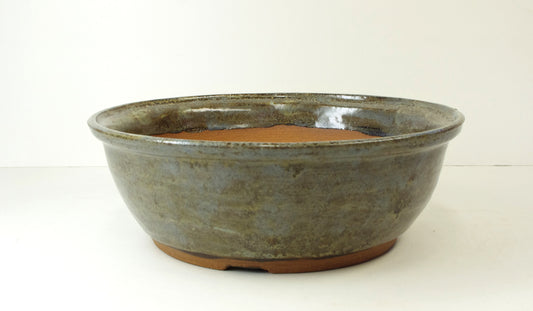 2083, Hand Thrown Stoneware Bonsai Pot, Extra Wire Holes, Blues, Greens, Browns, 8 1/8 x 2 7/8