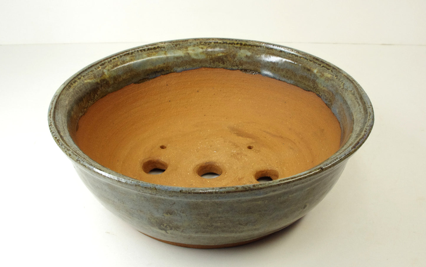 2083, Hand Thrown Stoneware Bonsai Pot, Extra Wire Holes, Blues, Greens, Browns, 8 1/8 x 2 7/8